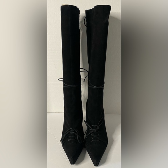 Dolce & Gabbana black suede knee high boot with multiple lacing details - Picture 2 of 9